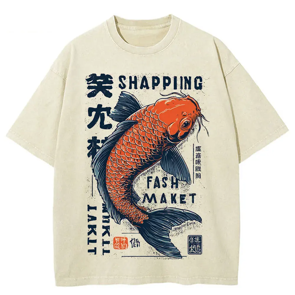 Men Summer Japanese Koi Fish Print Short Sleeve T Shirt Navy Blue by Vimost Shop