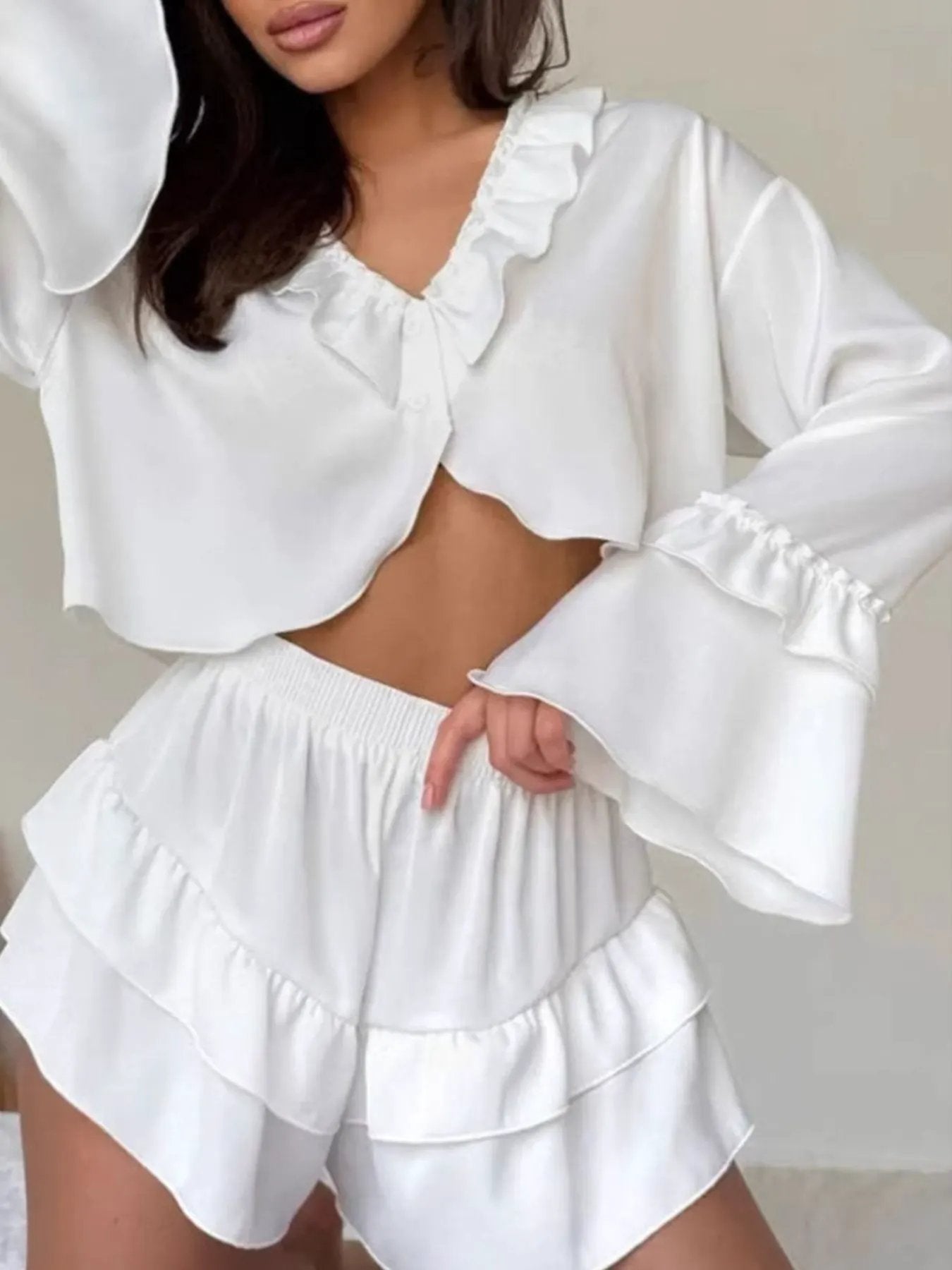 Ruffled V-Neck Top and Shorts Set by Partner Label