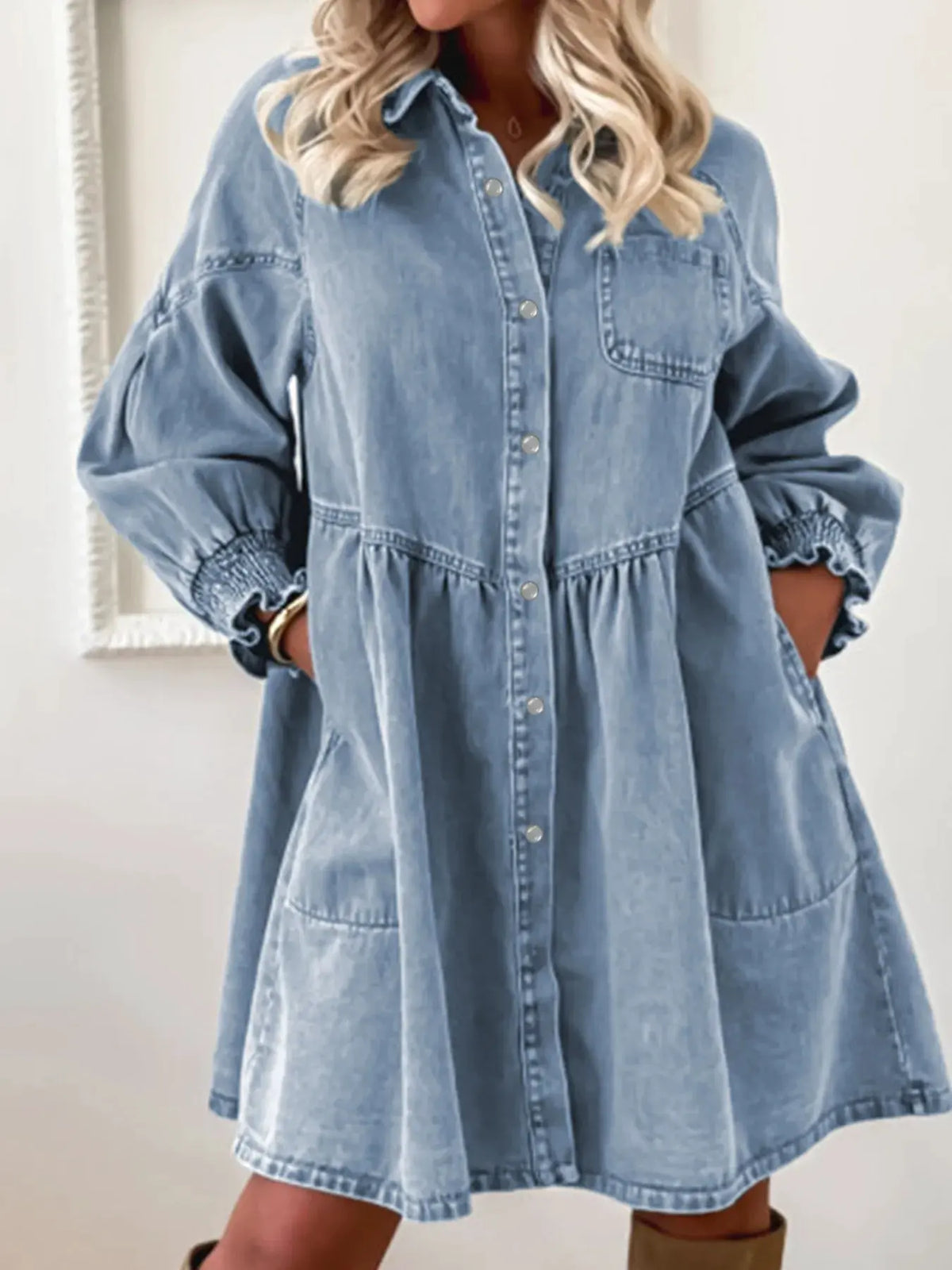 Button-Up Denim Shirt Dress with Smocked Cuffs by Partner Label