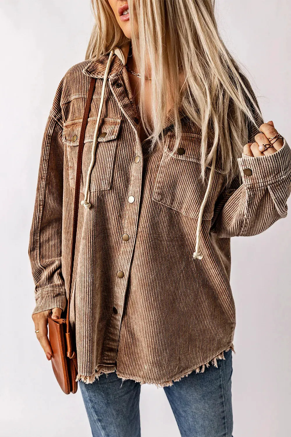 Snap Front Hooded Corduroy Shacket by Partner Label