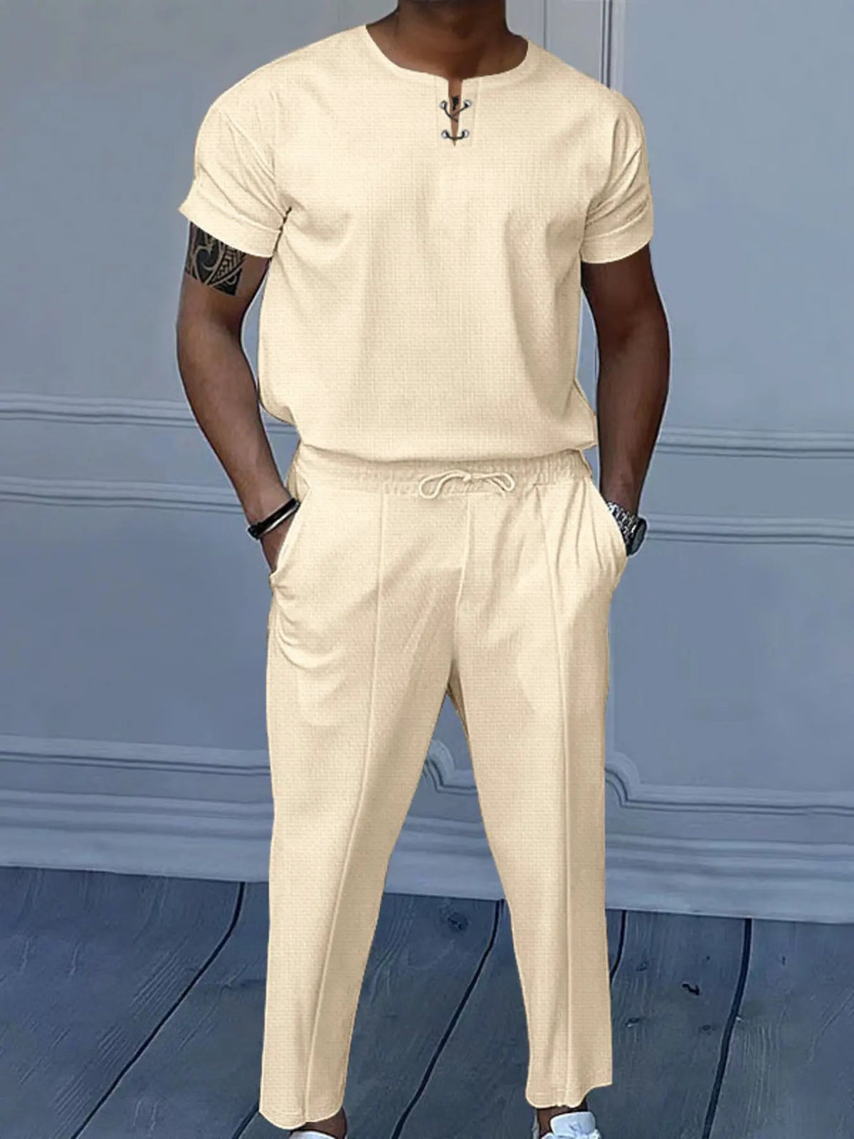 Men's Full Size Casual Short-Sleeve Top and Pants Set Plus Size by Trendsi
