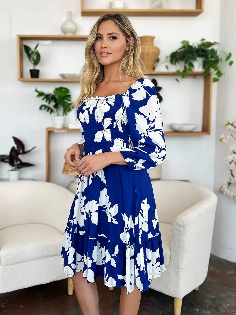 Double Take Full Size Floral Ruffle Hem Smocked Dress with Pockets by Double Take