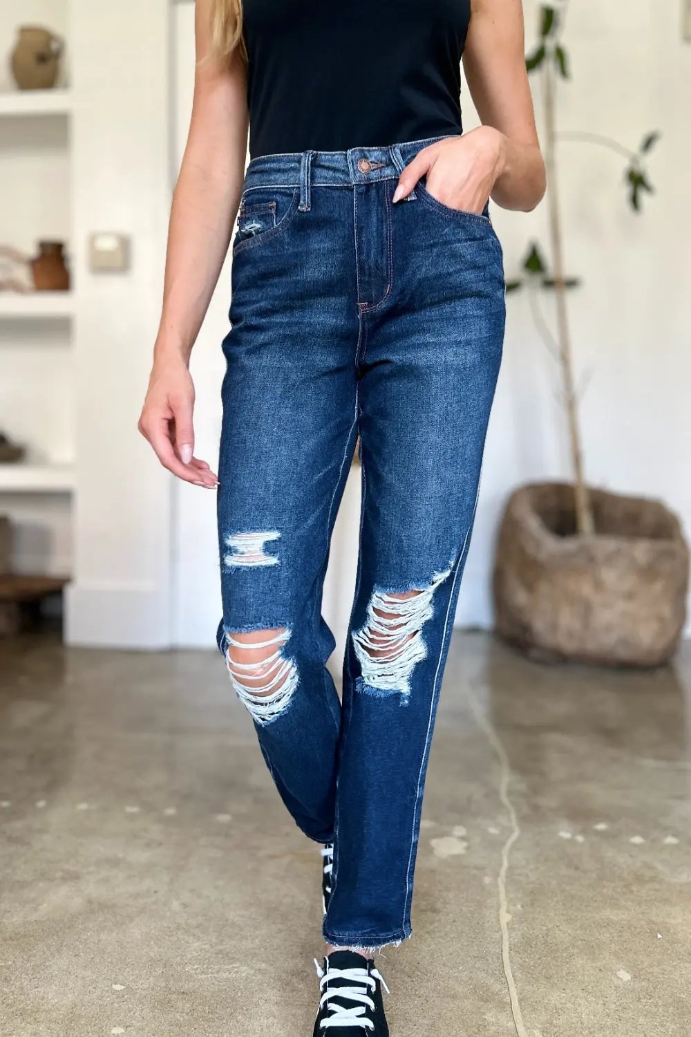 Judy Blue Full Size High Waist Rigid Magic Heavy Destroy Straight Jeans by Judy Blue