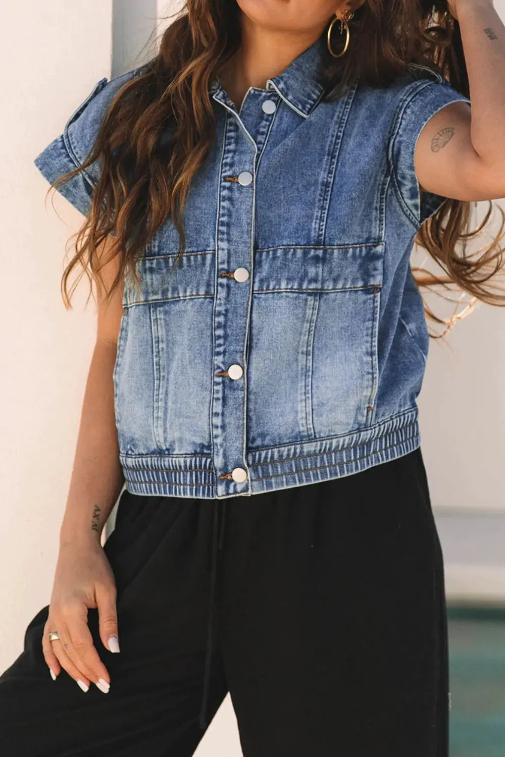 Button Up Cap Sleeve Denim Jacket by Partner Label