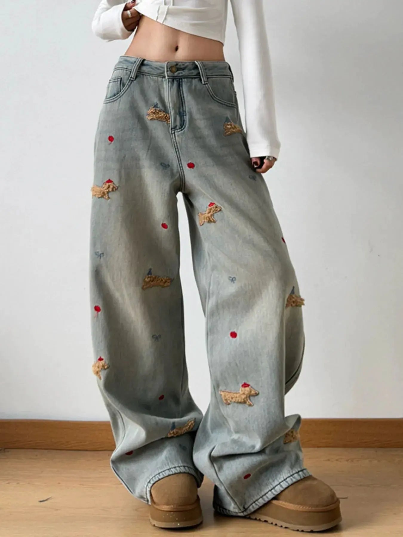 Embroidered Wide Leg Jeans by Partner Label