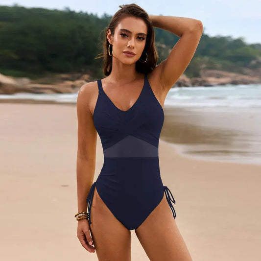 Drawstring Ruched V-Neck One-Piece Swimwear by Partner Label