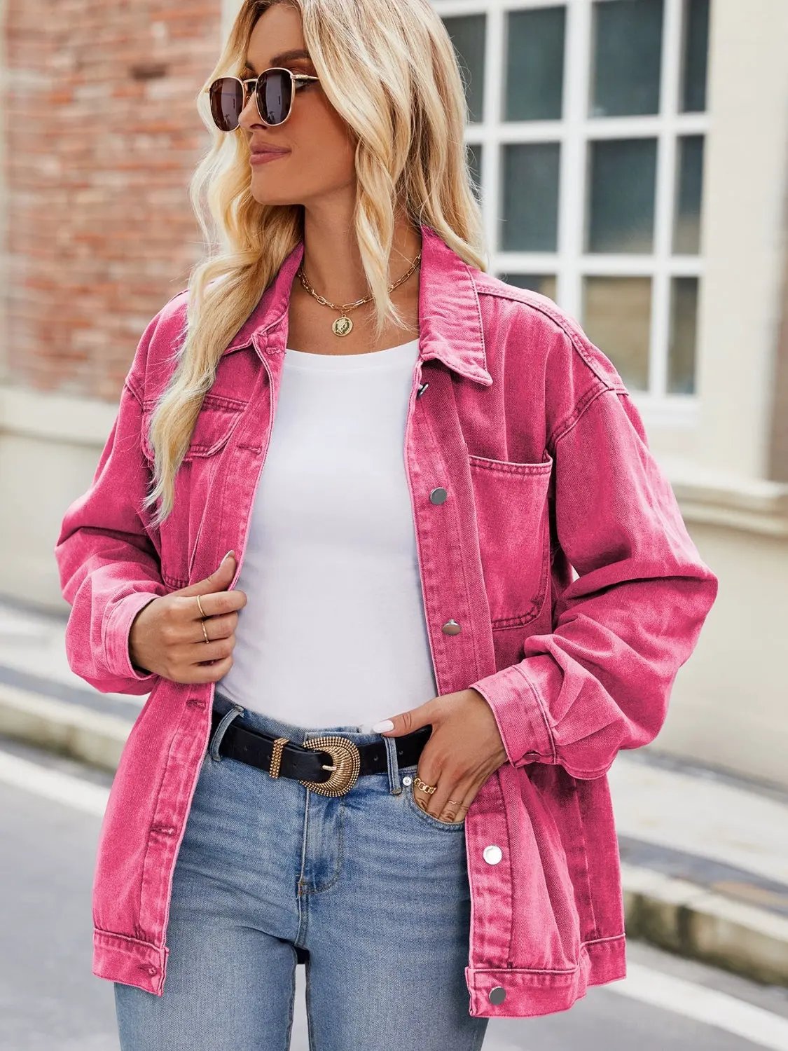 Button Up Denim Jacket with Pockets by Partner Label