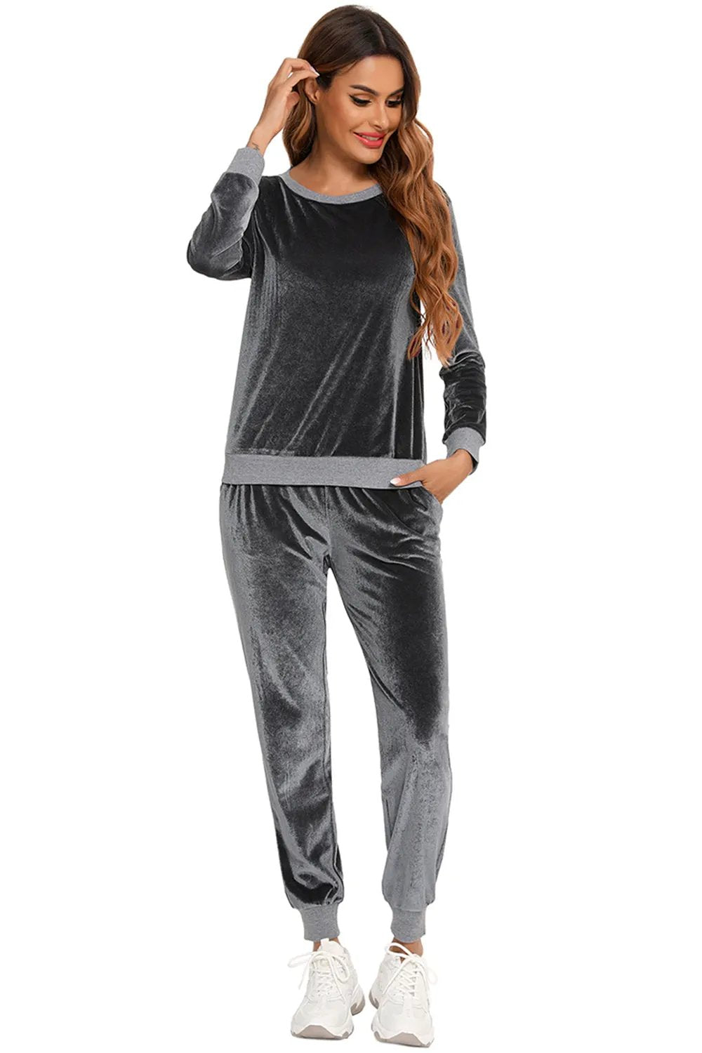 Round Neck Long Sleeve Loungewear Set with Pockets by Partner Label