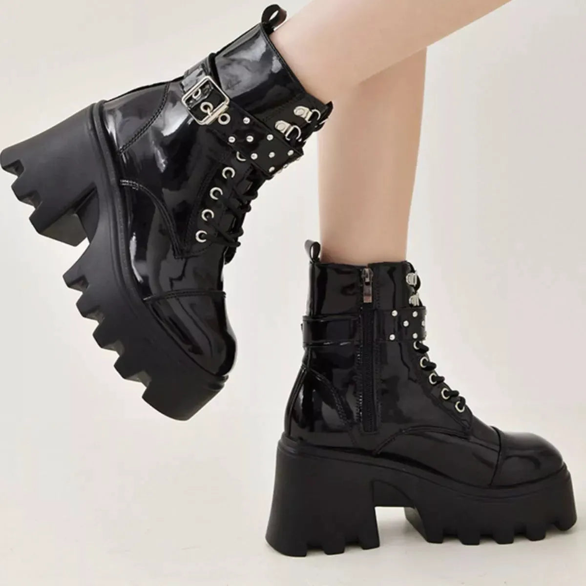 Platform Ankle Boots with Buckle and Studded Detail by Partner Label