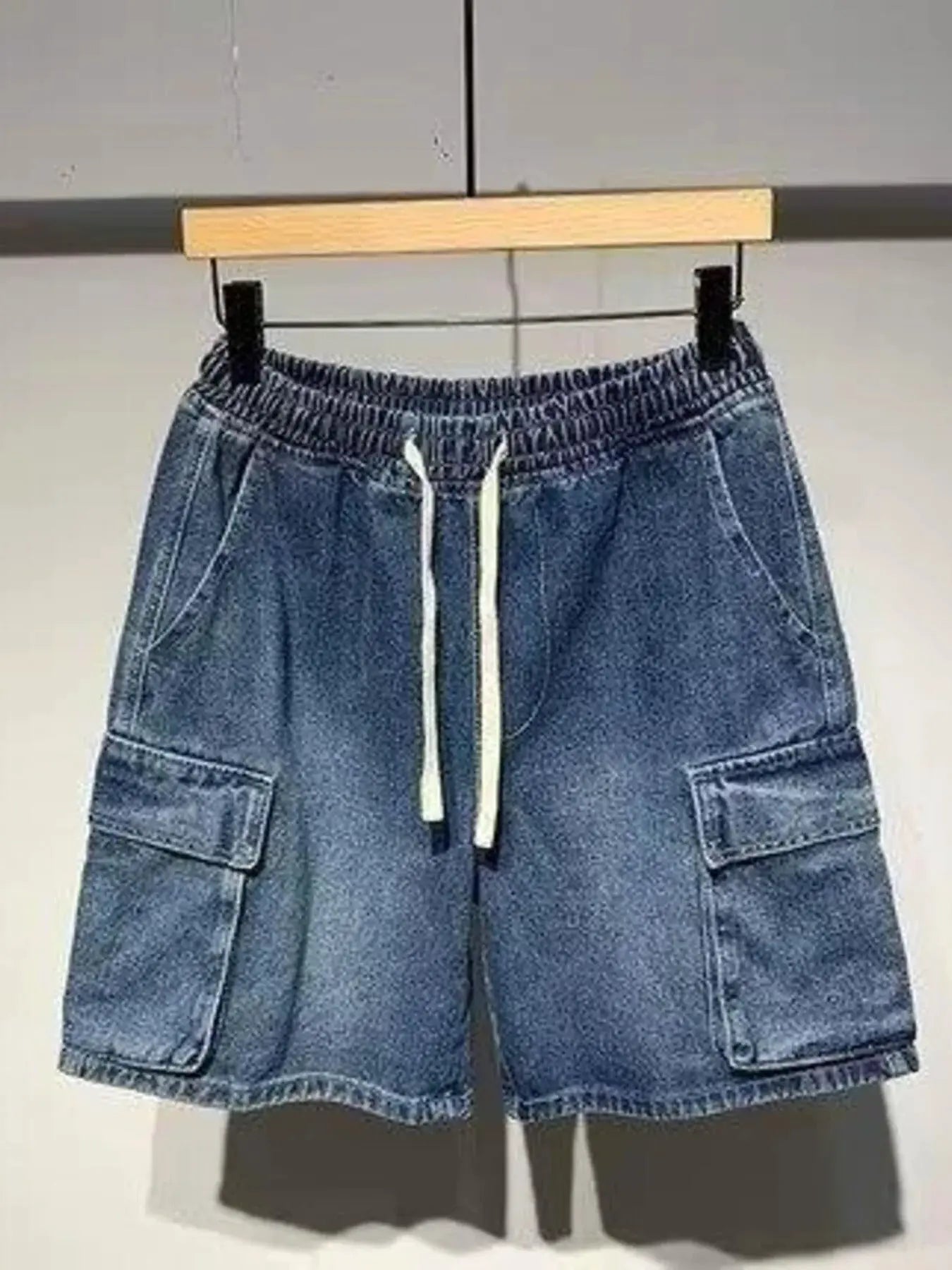 Men's Full Size Elastic Waist Washed Denim Cargo Shorts Plus Size by Partner Label