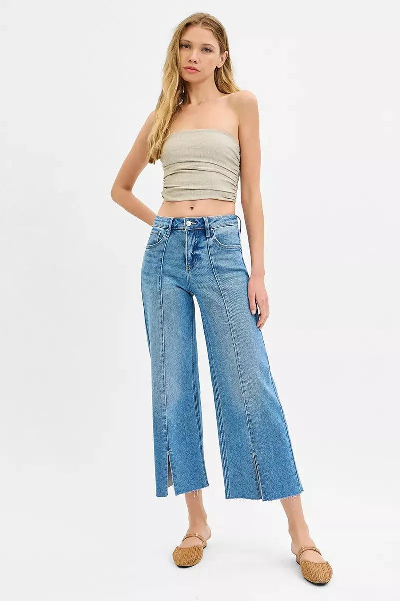 RISEN Tummy Control Mid Rise Crop Wide Front Slit Jeans by RISEN