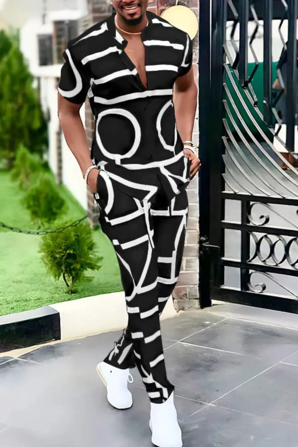 Men's Full Size Geo Print Short Sleeve Top and Pants Set Plus Size by Trendsi