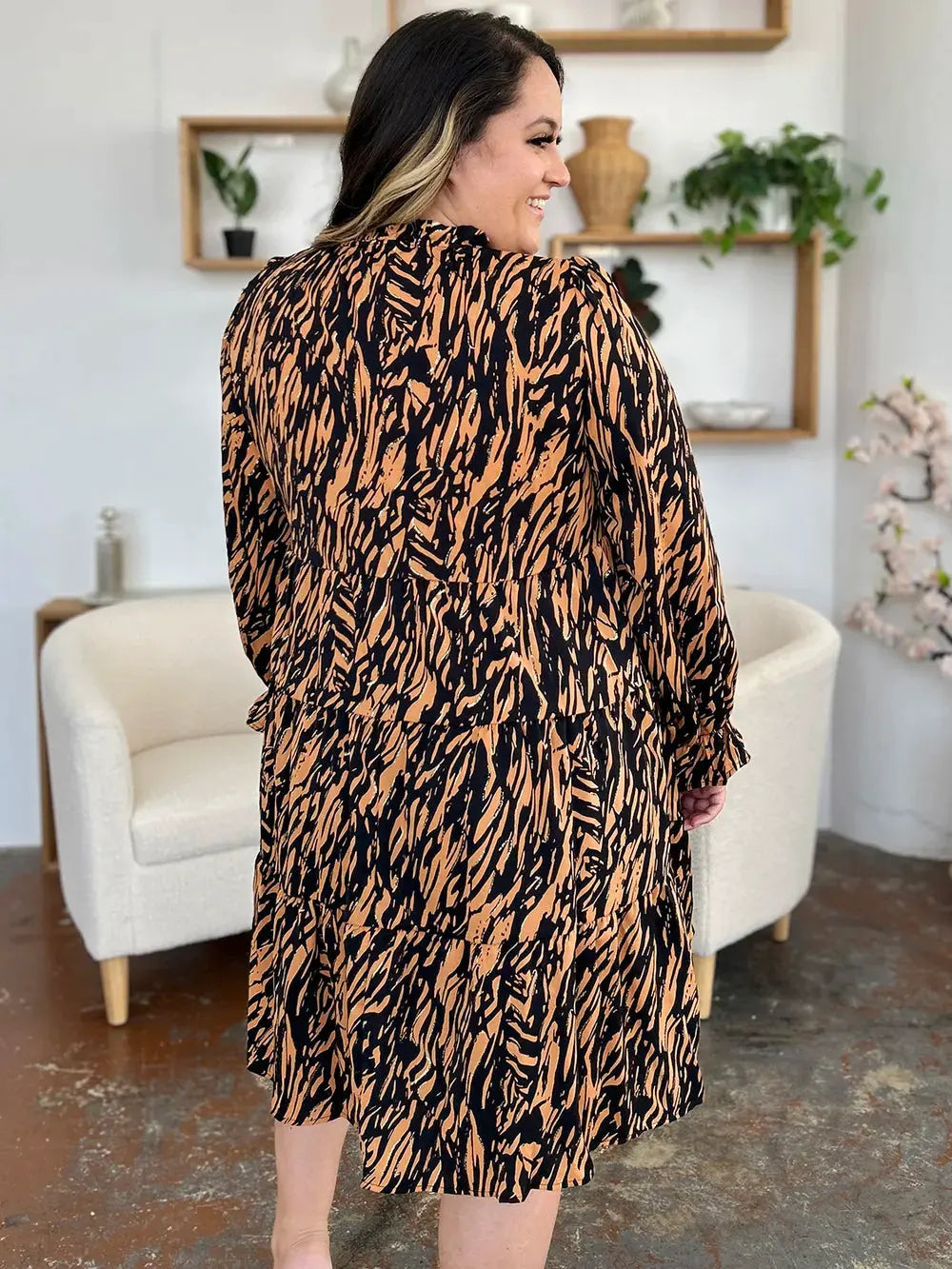 Double Take Full Size Printed Ruffle Hem Long Sleeve Dress by Double Take