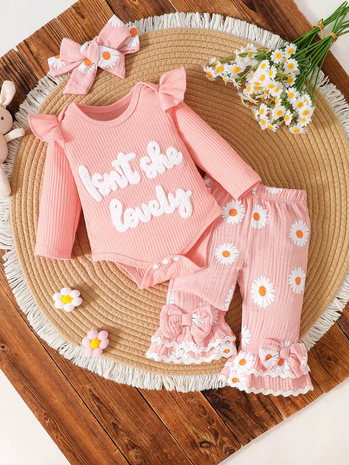 Children's Letter Bodysuit and Pants Set with Headband by Trendsi