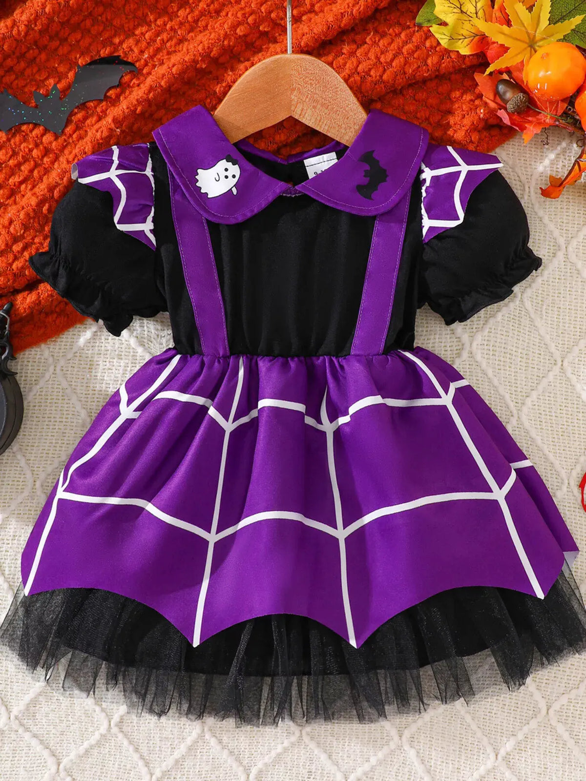 Children's Halloween Spiderweb Print Peter Pan Collar Dress by Trendsi