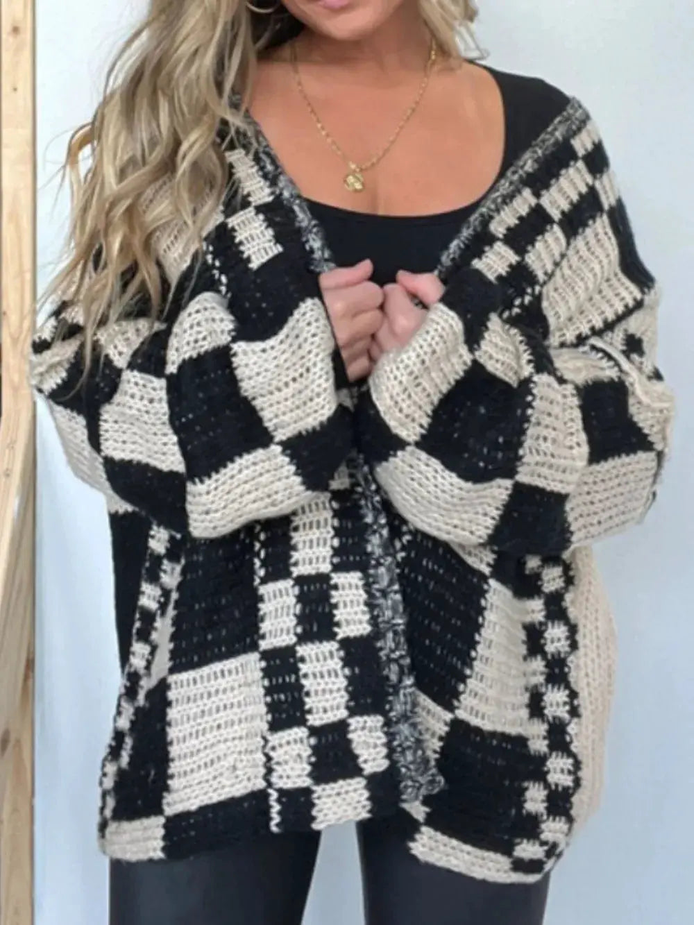 Plaid Open Front Long Sleeve Cardigan by Partner Label