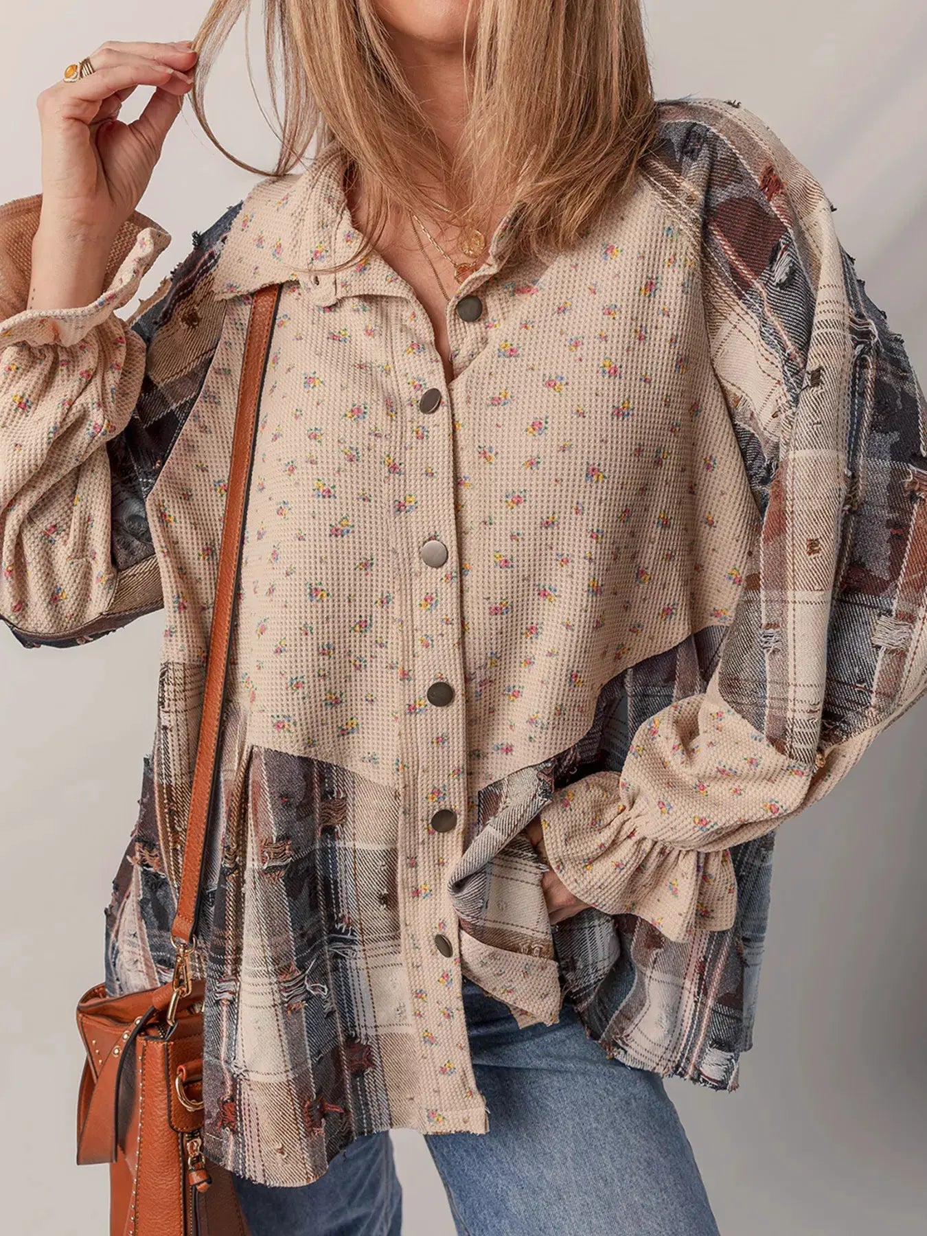 Boho Floral Plaid Patchwork Distressed Detail Ruffled Sleeve Waffle Knit Shacket by Oh