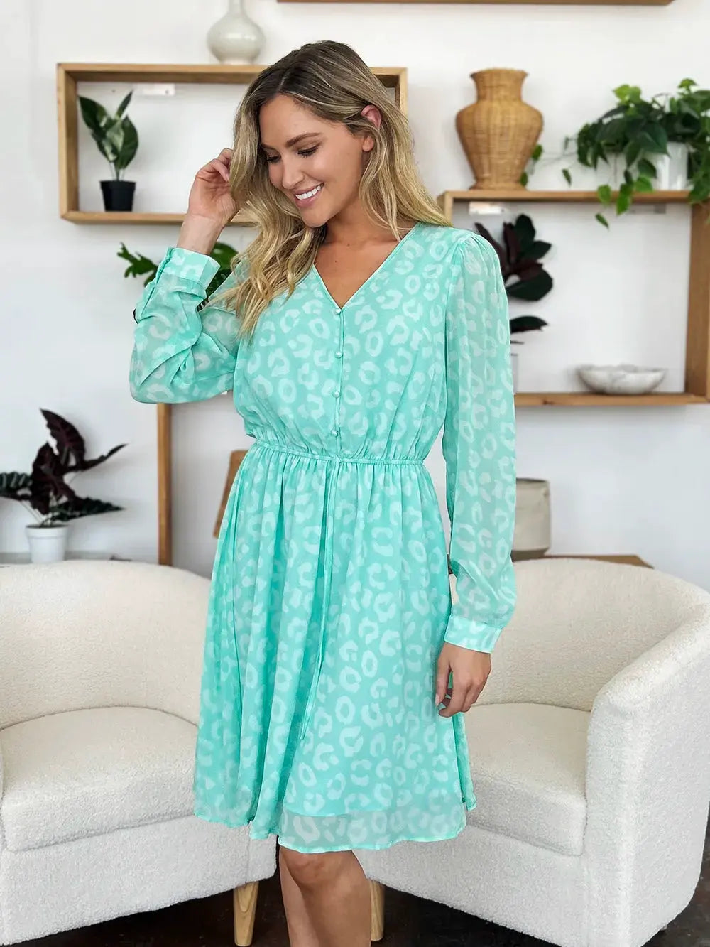 Double Take Full Size Printed Ruched V-Neck Long Sleeve Dress by Double Take
