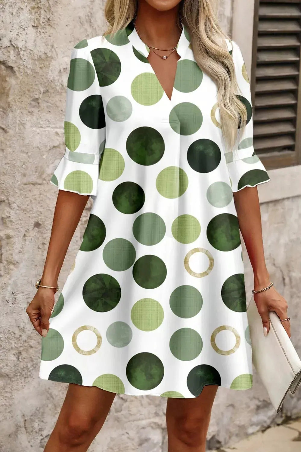 Polka Dot Print Flounced Half Sleeve Casual Vacation Style Mini Dress by Trendsi