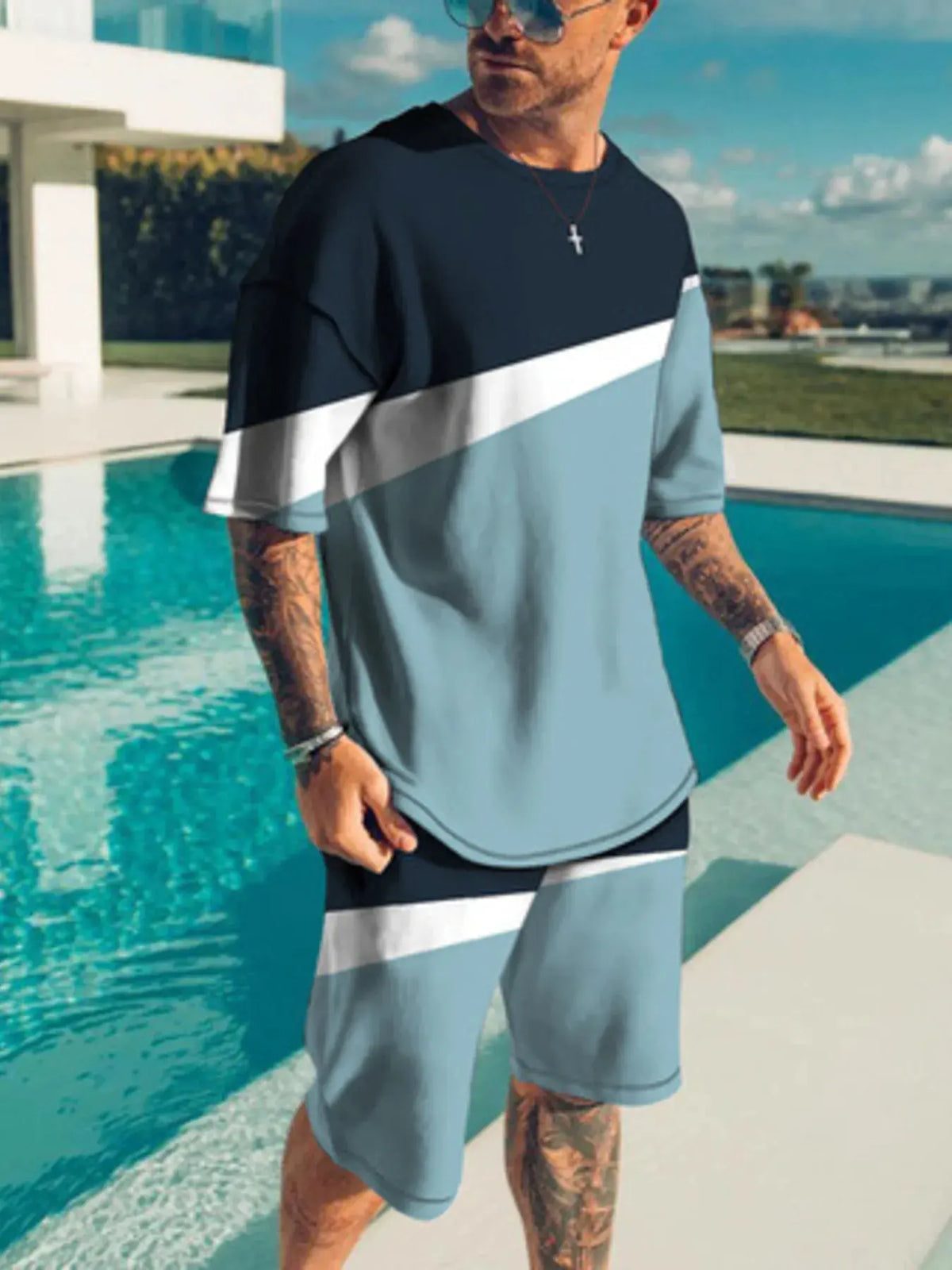 Men's Full Size Contrast Short Sleeve Top and Shorts Set Plus Size by Trendsi