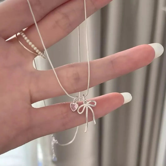 Bow & Heart Pendant Necklace by Partner Labels