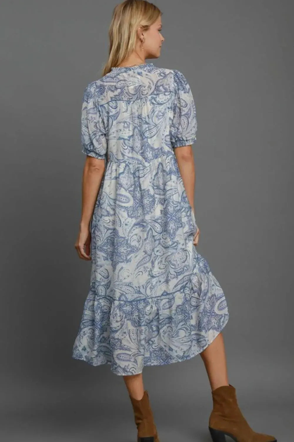 Umgee Full Size Printed Puff Short Sleeve Midi Dress Plus Size by Umgee