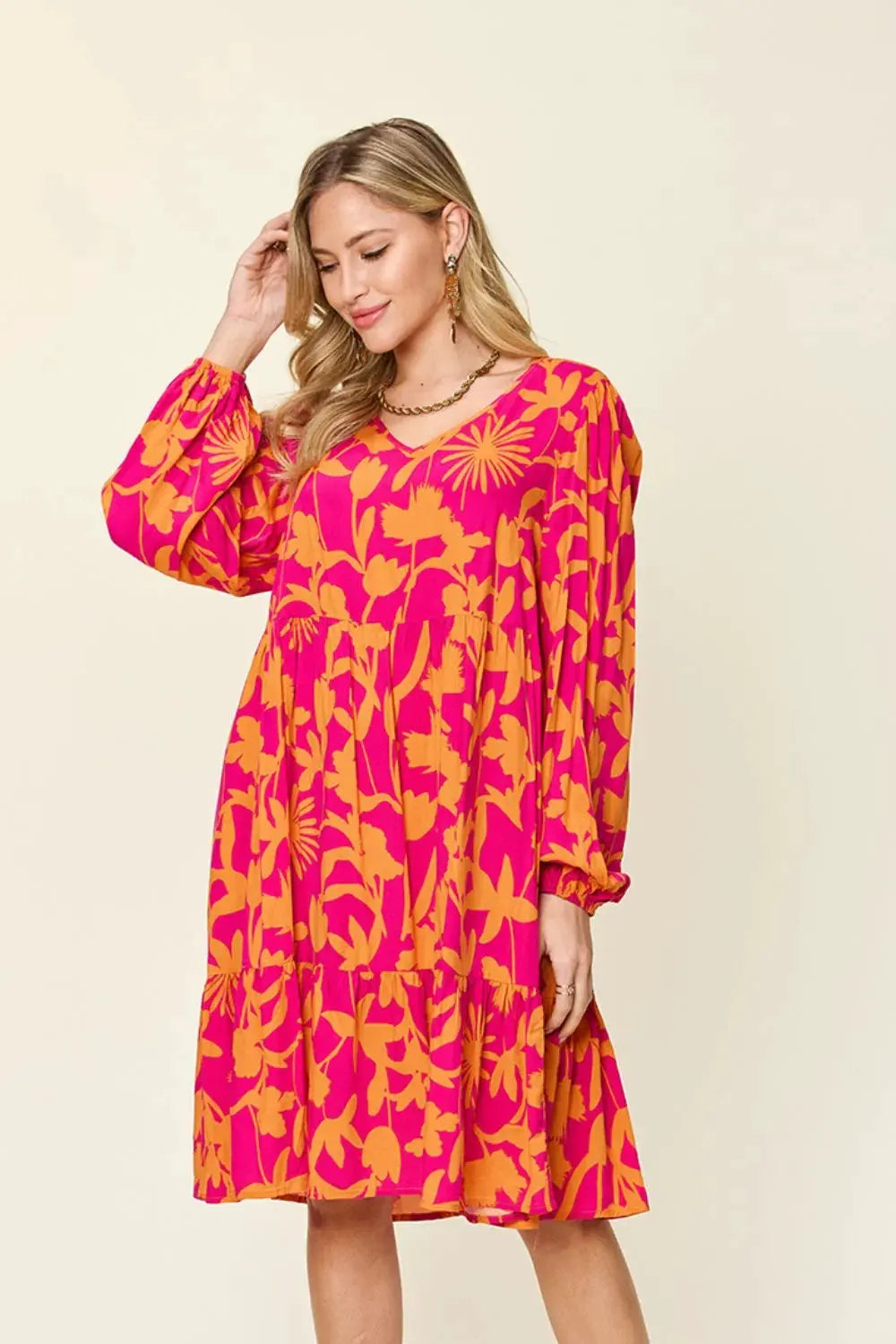 Double Take Full Size Printed Ruffle Hem Dress with Pocket by Double Take