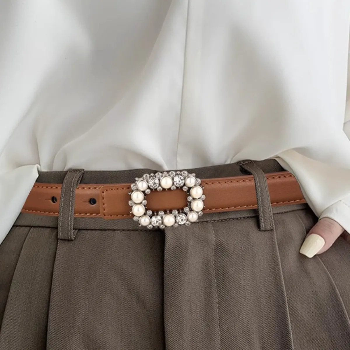 Pearl Buckle Leather Belt by Trendsi