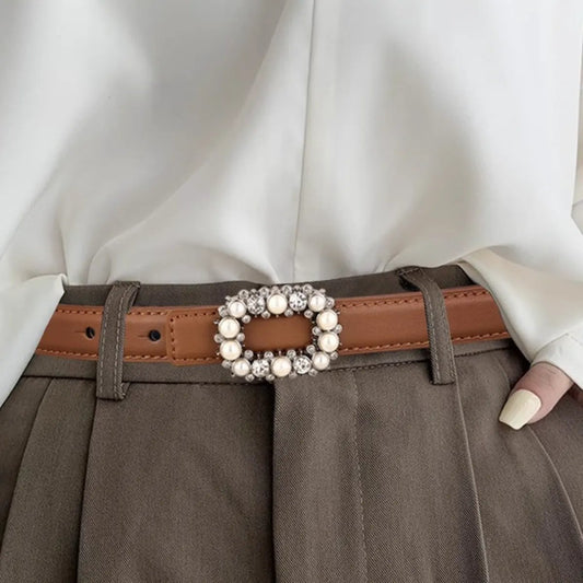 Pearl Buckle Leather Belt by Trendsi