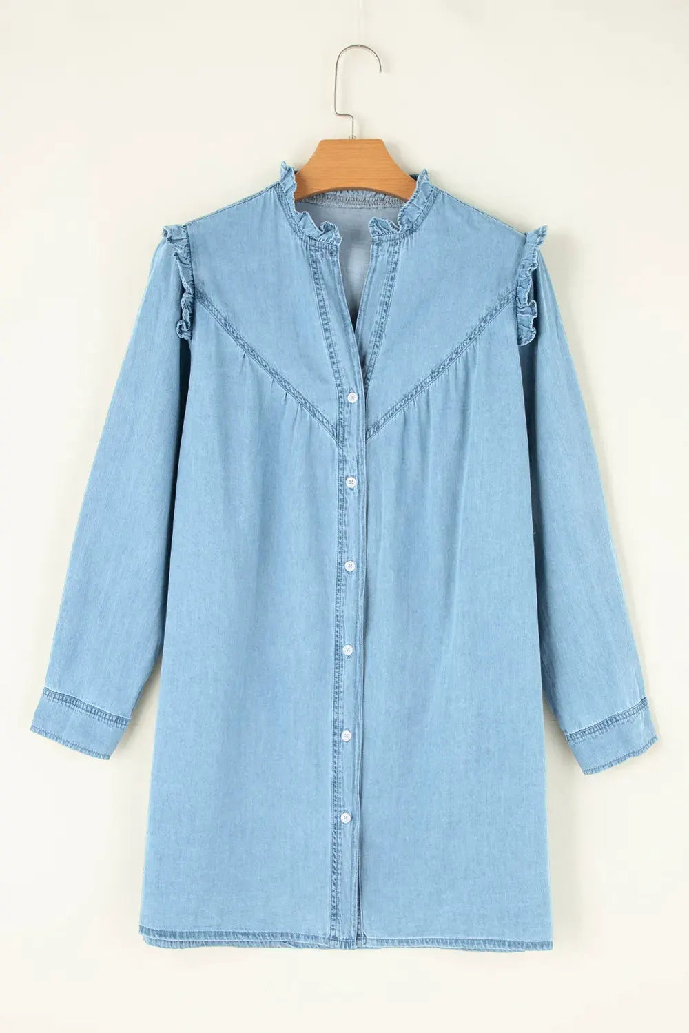 Button Up Notched Long Sleeve Denim Dress by Partner Label