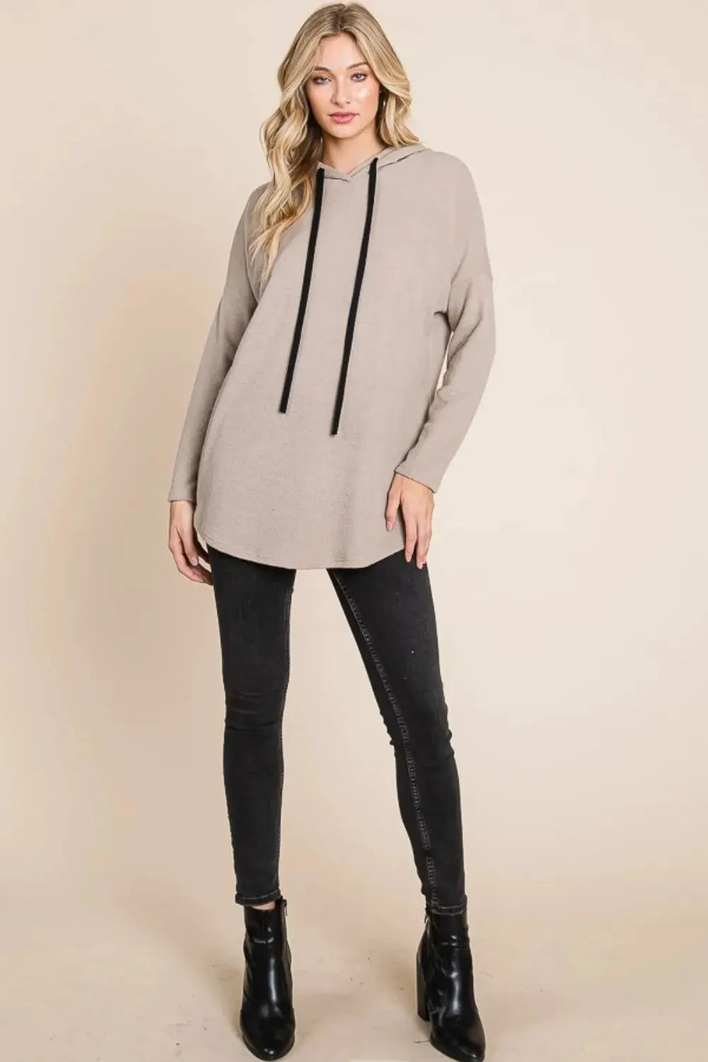 BOMBOM Contrast Drawstring Drop Shoulder Knit Hoodie by BOMBOM