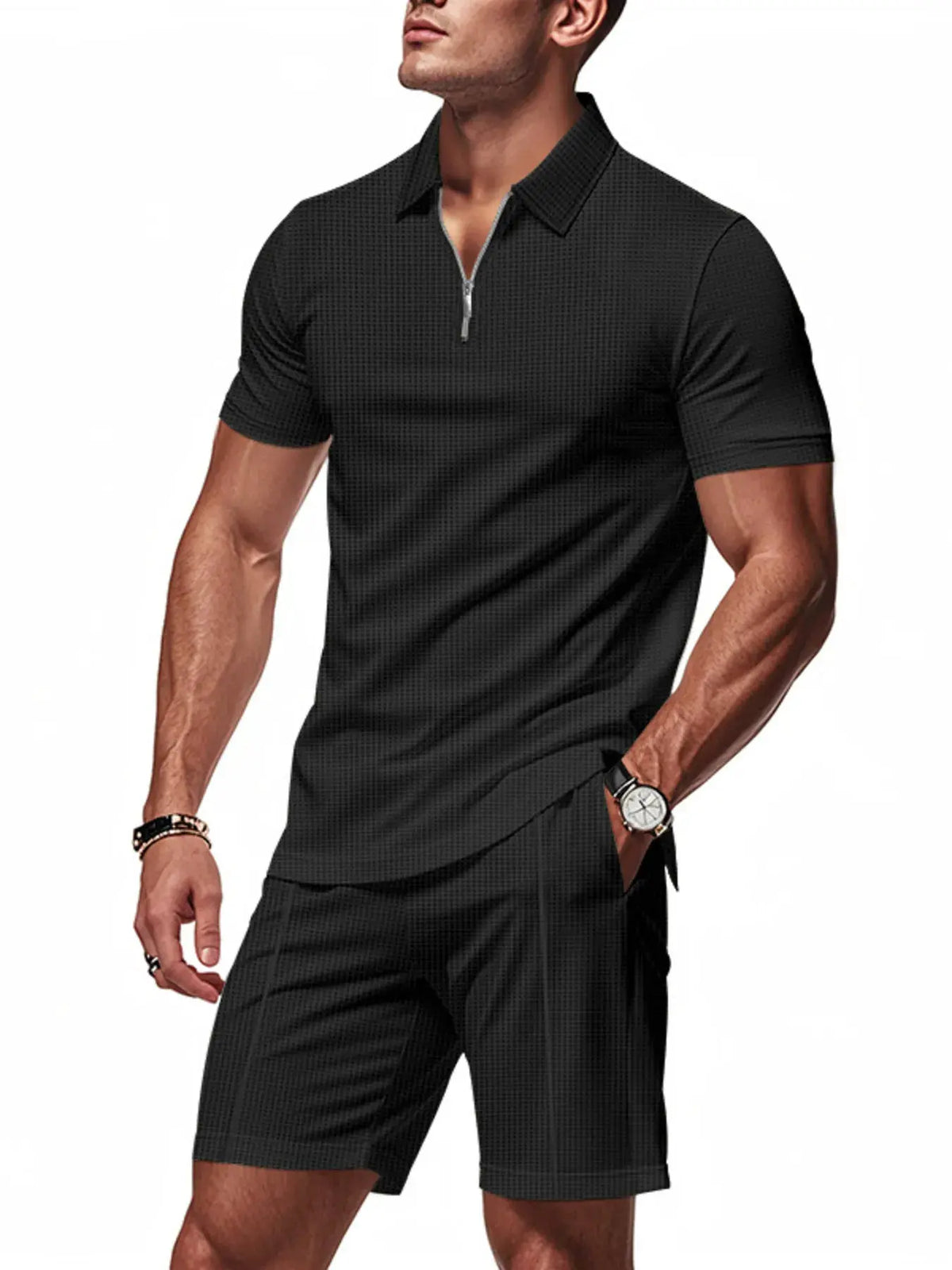 Men's Plus Size Quarter Zip Short Sleeve Top and Shorts Set by Trendsi