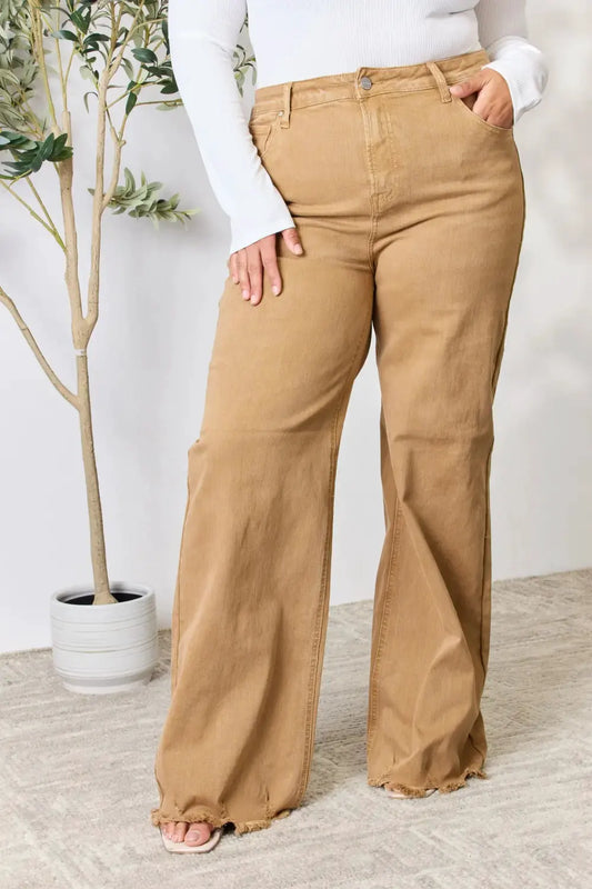 RISEN Full Size Fringe Hem Wide Leg Jeans by RISEN