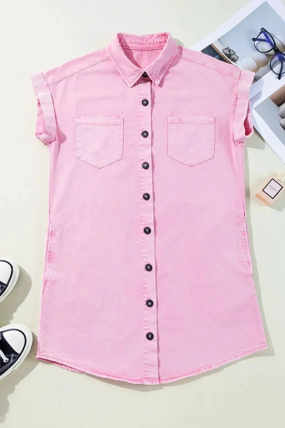 Button Down Short Sleeve Denim Dress by Partner Label
