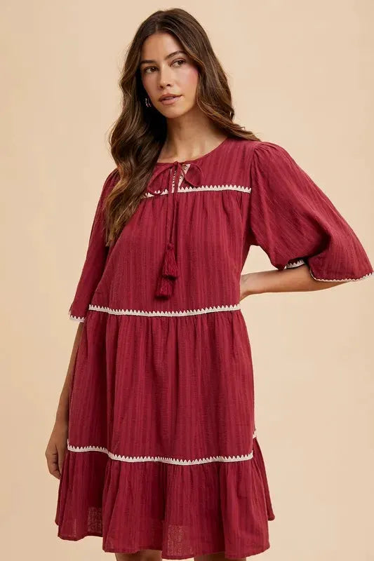 Annie Wear Tassel Contrast Trim Tie Neck Half Sleeve Tiered Dress by Annie Wear
