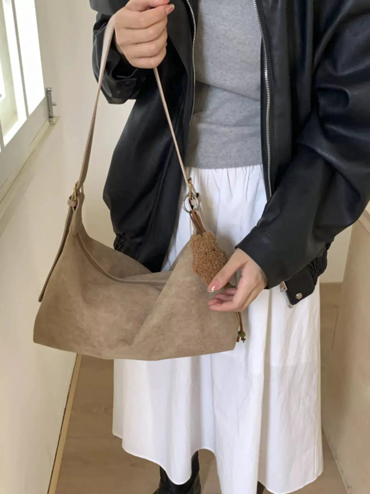 Solid Color Suede Hobo Crossbody Bag by Partner Label