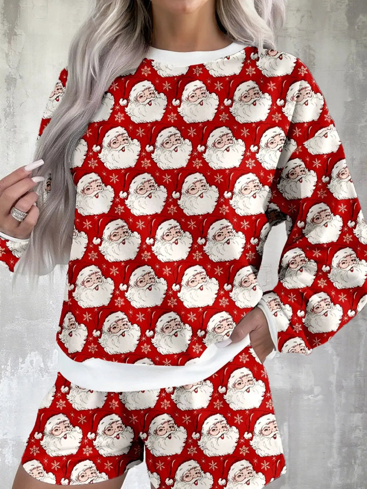 Christmas Santa Print Round Neck Top and Shorts Lounge Set by Partner Label