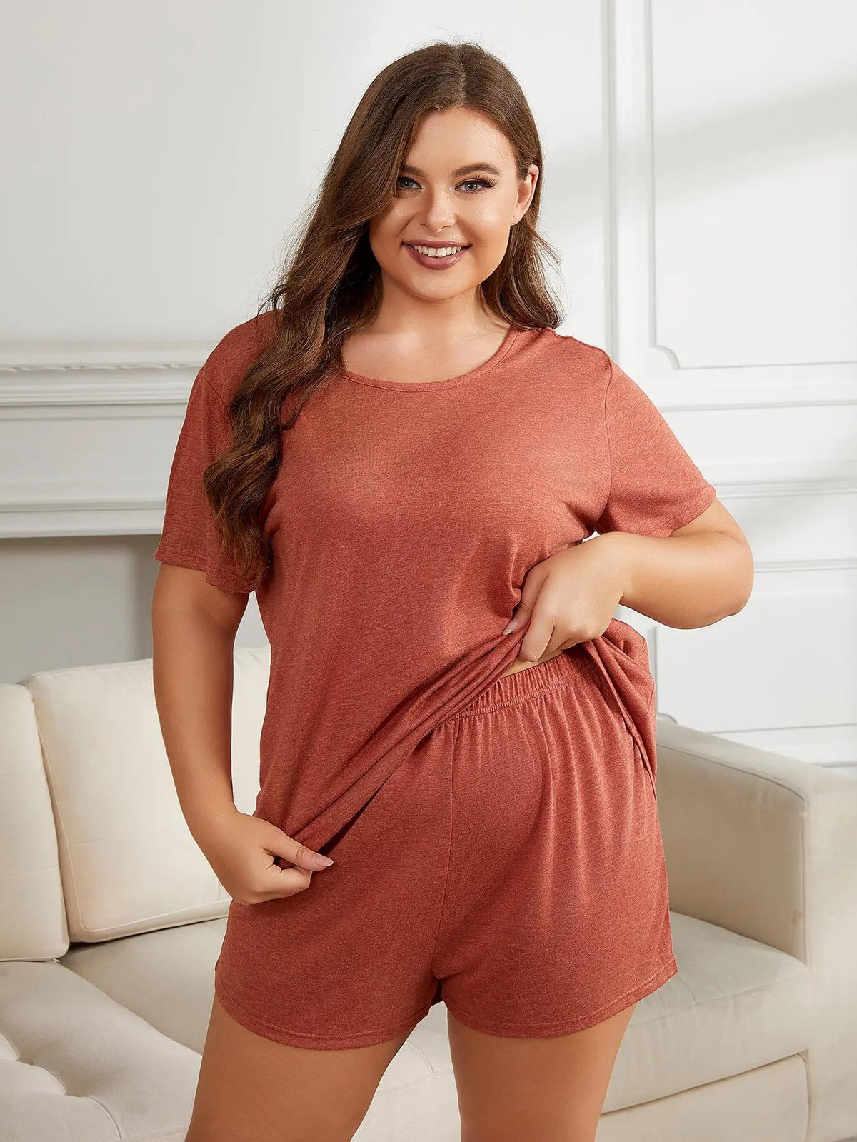 Plus Size Round Neck Short Sleeve Two-Piece Loungewear Set by Partner Label