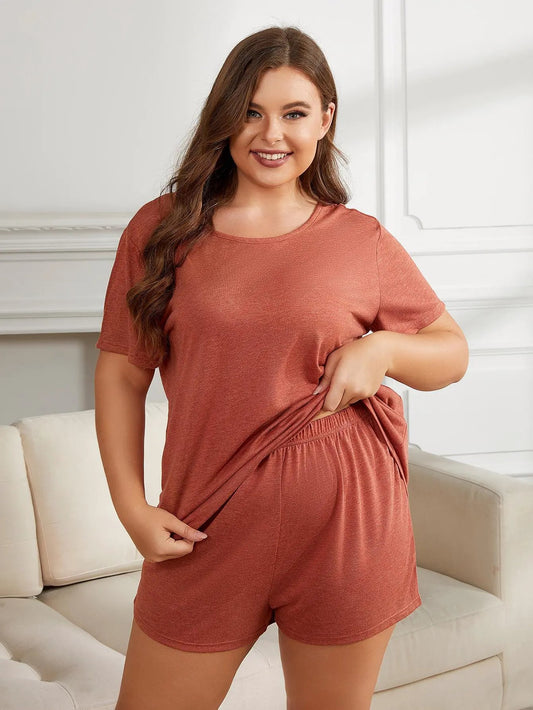 Plus Size Round Neck Short Sleeve Two-Piece Loungewear Set by Partner Label