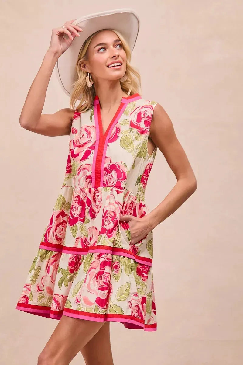 BiBi Floral Woven Contrast Edge Tiered Ruffle Mini Dress by BiBi