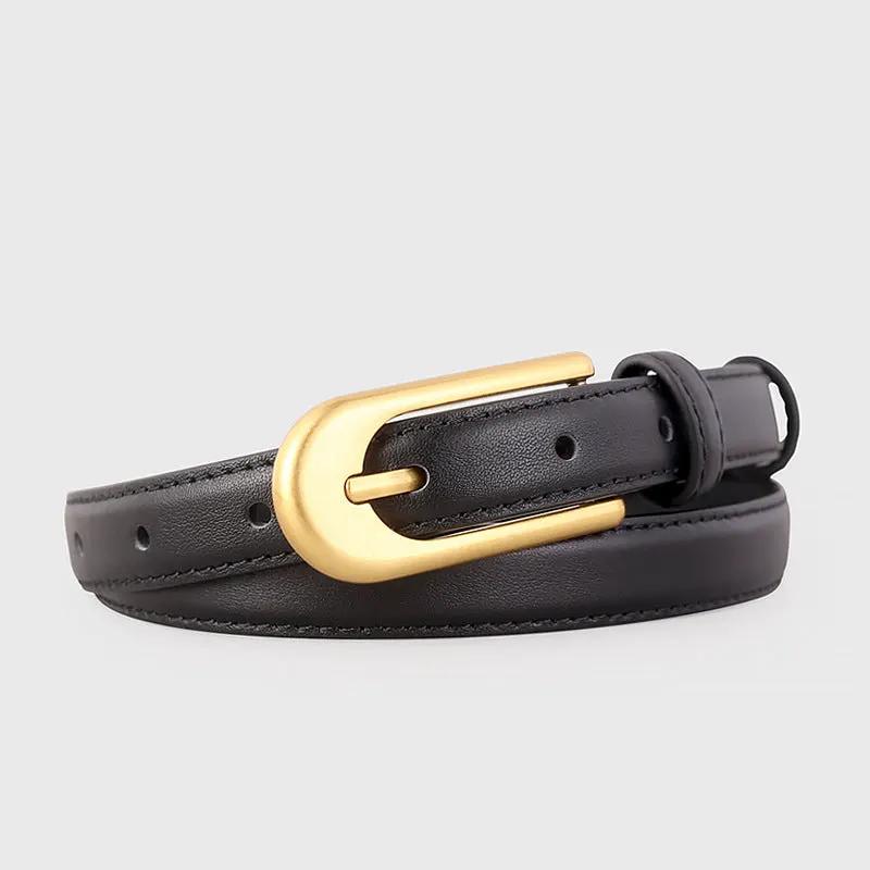 Gold Buckle Skinny Leather Belt by Trendsi