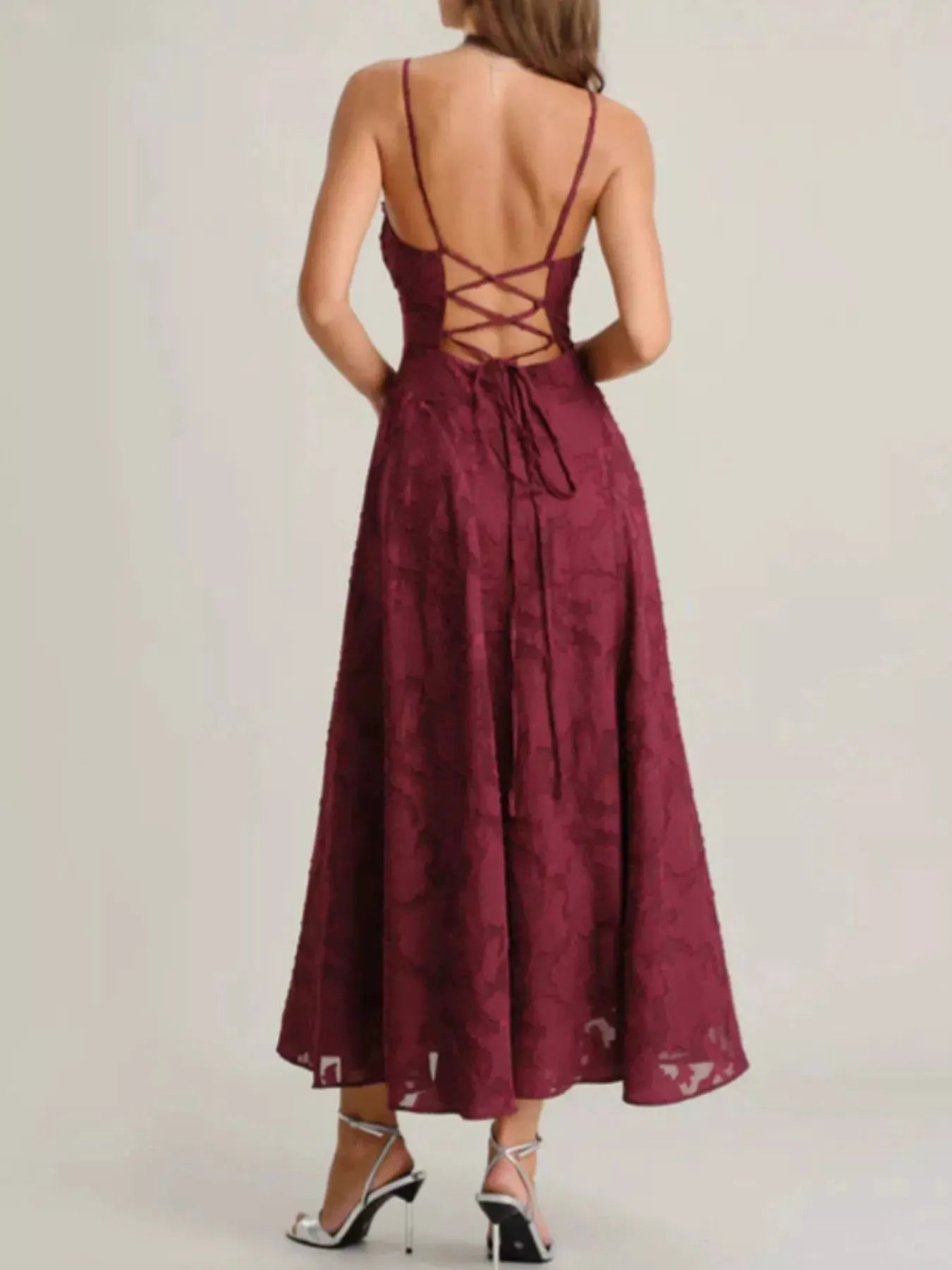 Lace Up Back Spaghetti Strap Maxi Dress by Partner Label