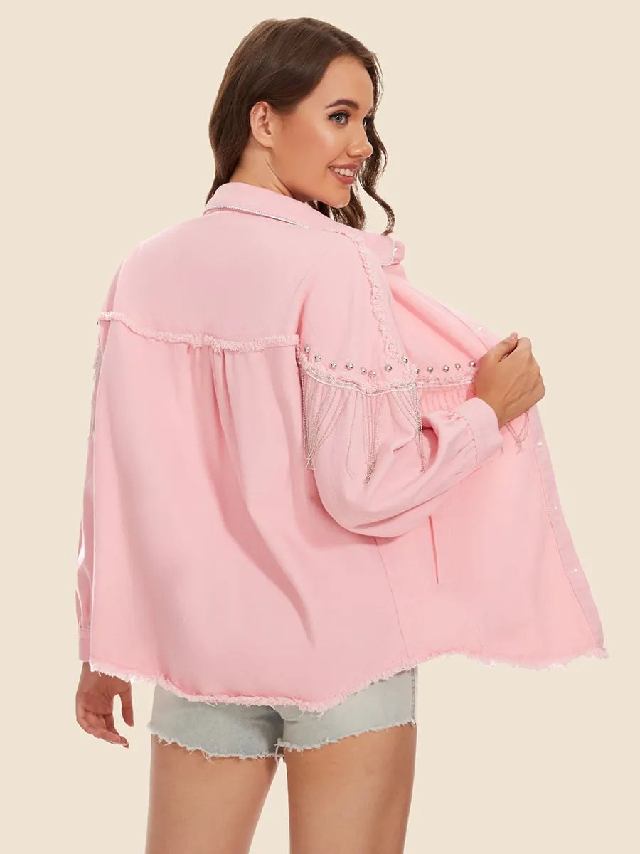 Raw Hem Fringe Detail Denim Jacket by Partner Label
