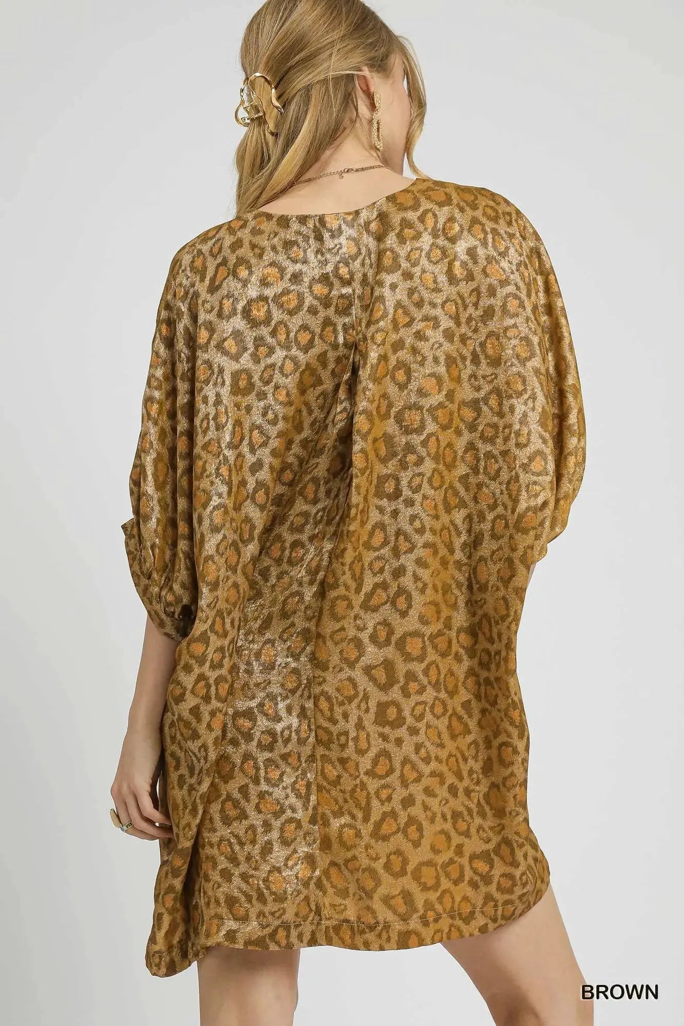 Umgee Metallic Leopard Print V-Neck Kimono Dress by Umgee