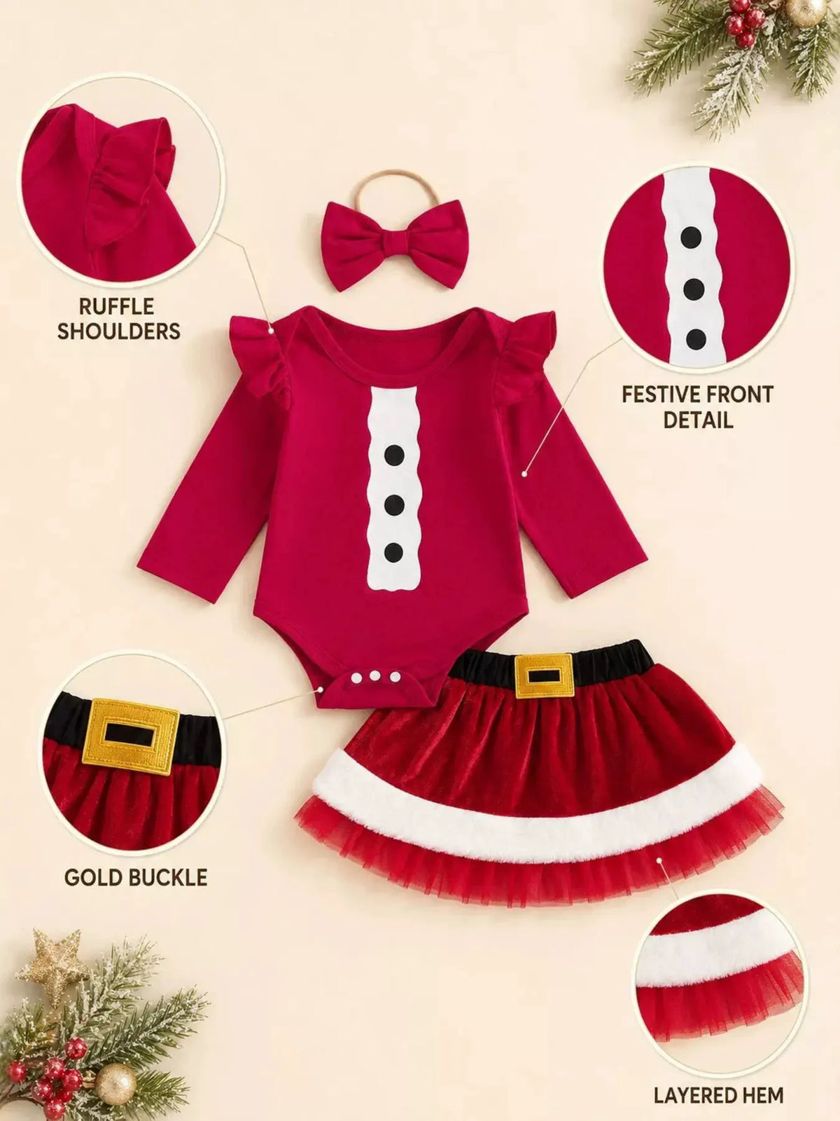 Children's Christmas Long Sleeve Bodysuit and Skirt Set with Bow Headband by Trendsi
