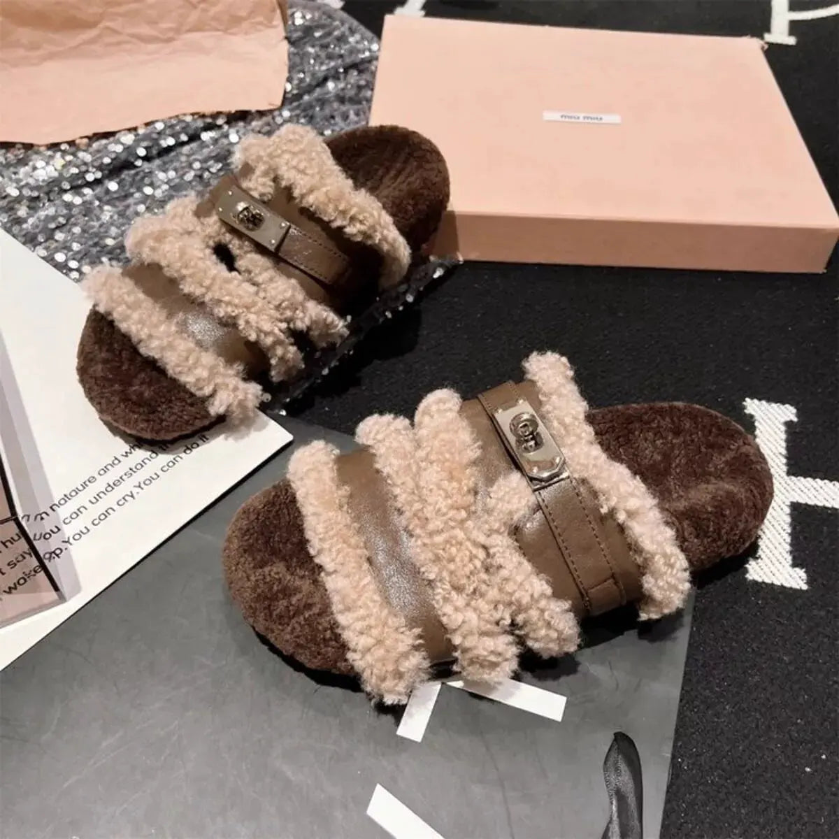 Fuzzy Buckle Accent Plush Slippers by Partnel Label