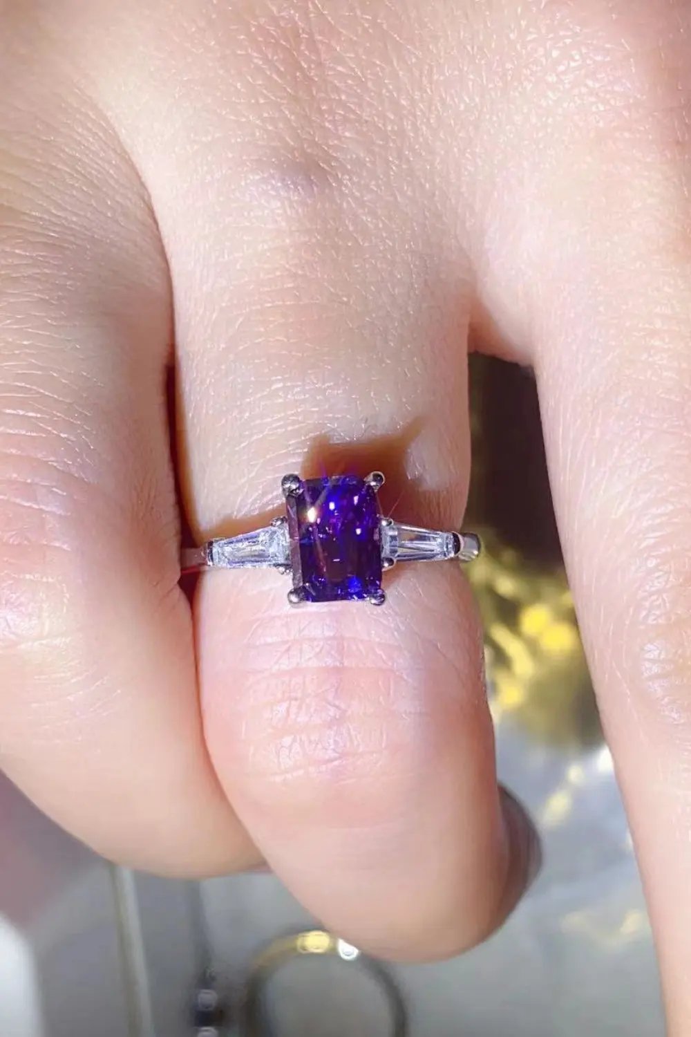 1 Carat Moissanite Platinum-Plated Rectangle Ring in Purple by Partner Label