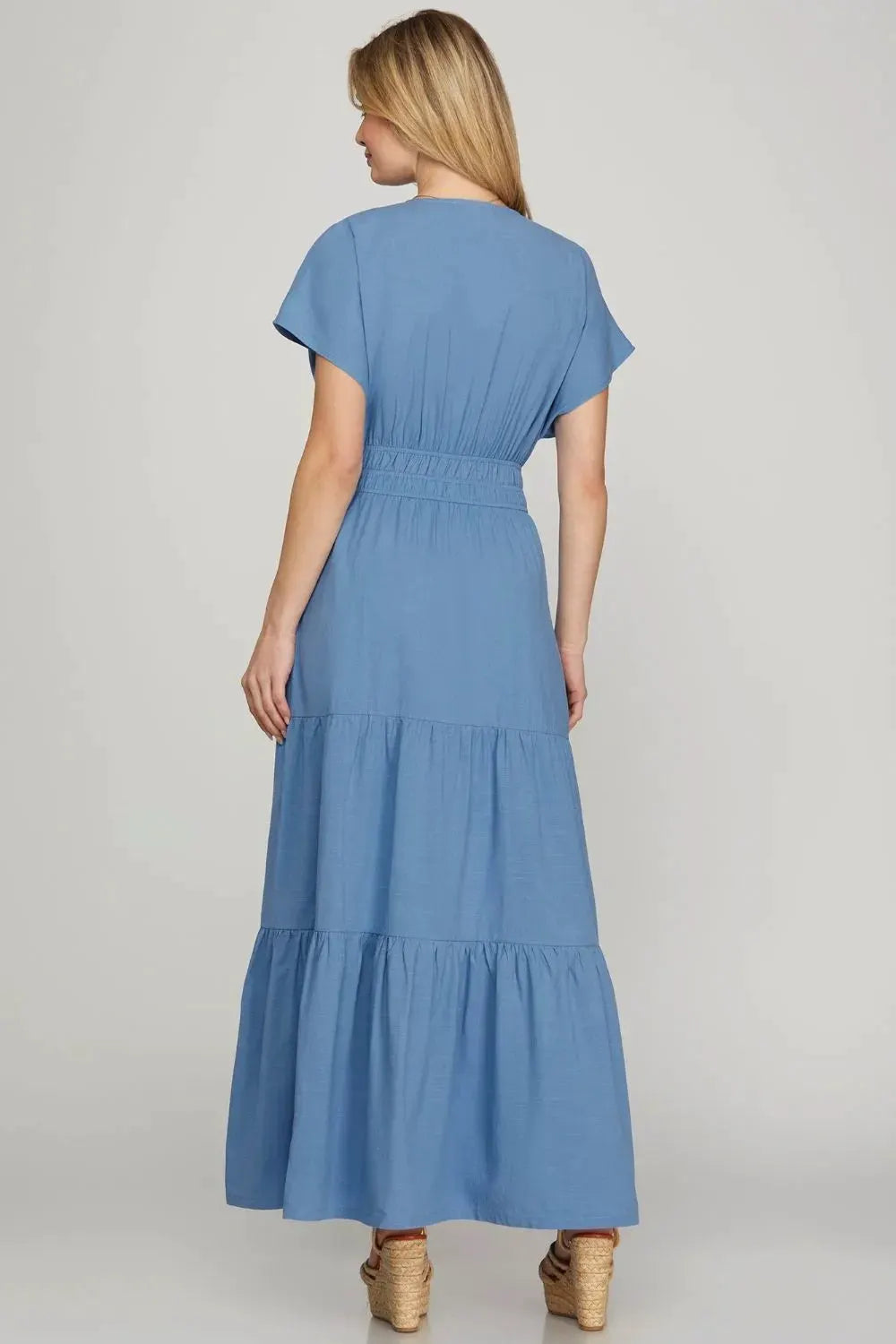 She + Sky Surplice Short Sleeve Tiered Maxi Dress With Pockets by She + Sky