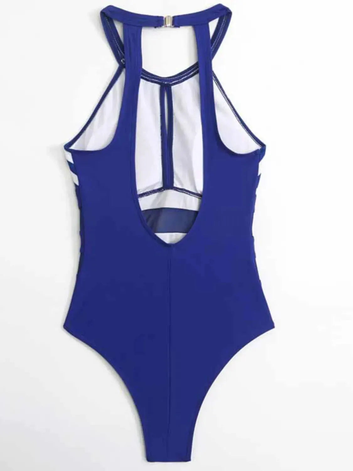 Mesh Detail Backless Striped One-Piece Swimsuit by Partner Label