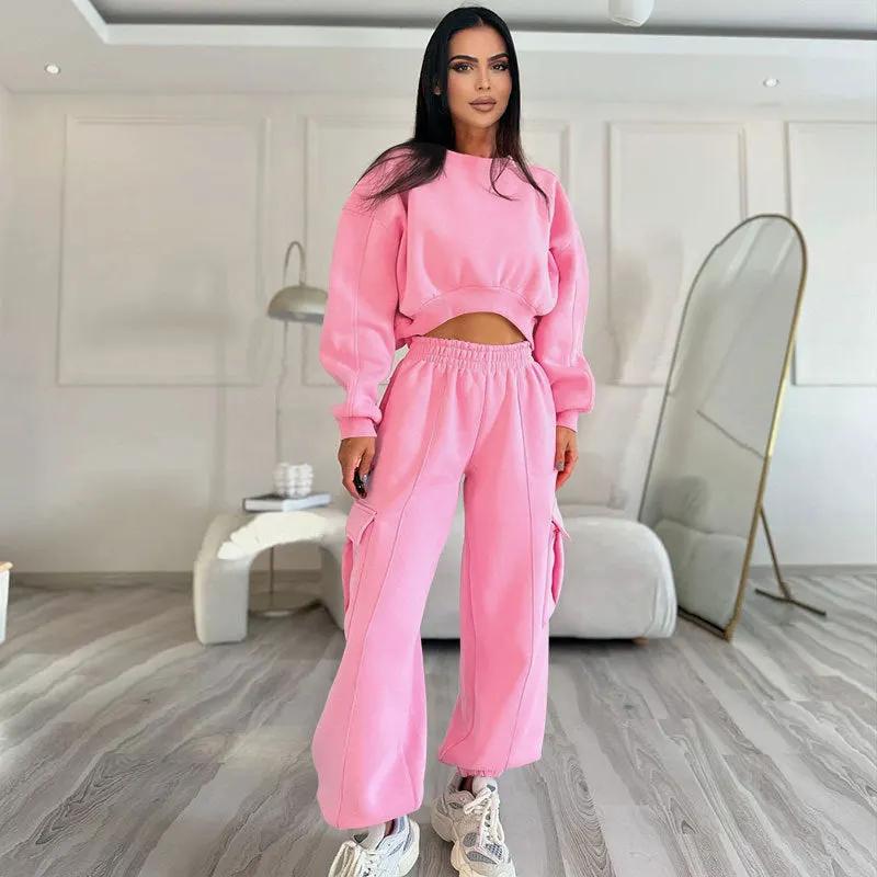European And American Autumn New Round Neck High Waist Sweater Pocket Loose Sweatpants Suit by Maiden-Art